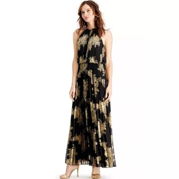 NWT Sz 10 Metallic-Print Pleated Blouson Black and Gold Formal Dress - Picture 1 of 6